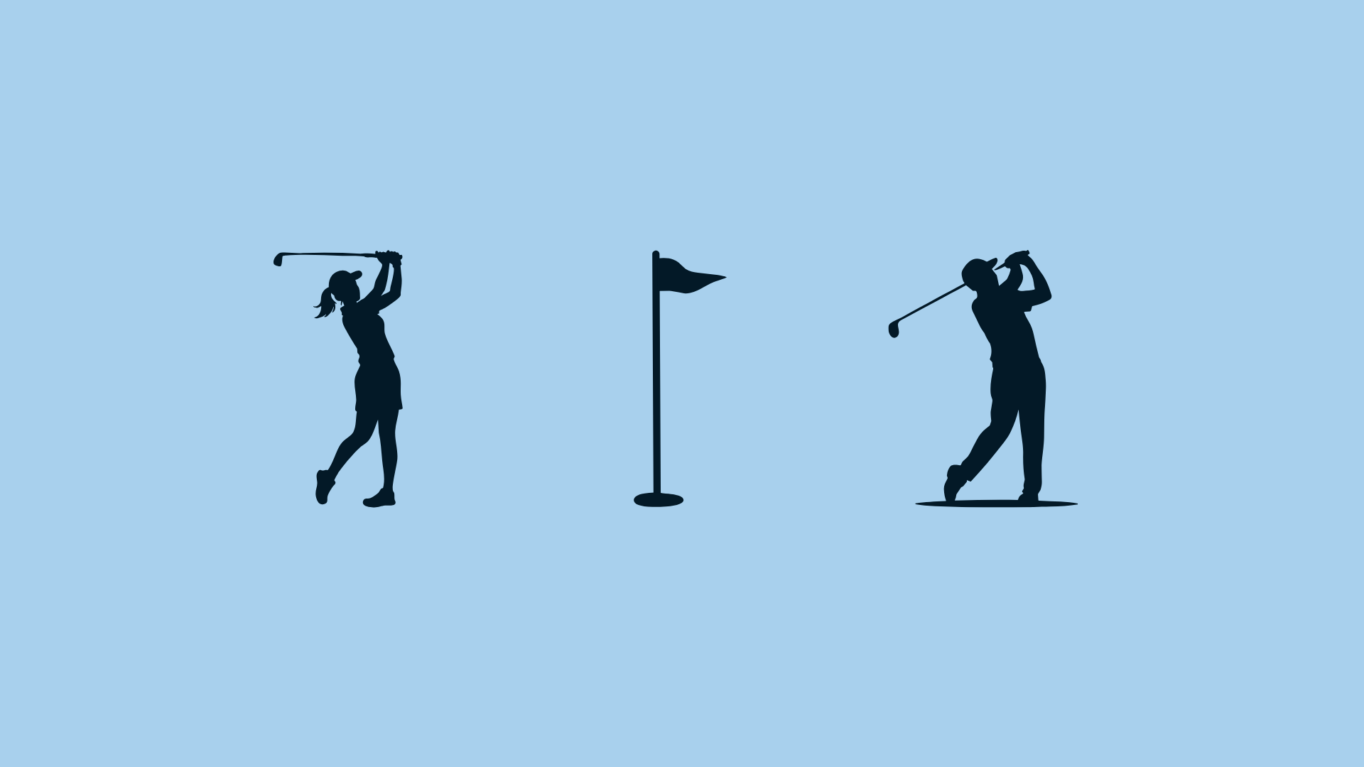 Bilden visar en kvinnlig golfspelare, en golfflagga och en manlig golfspelare